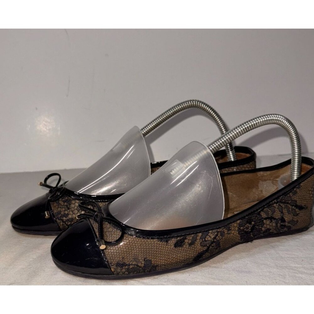 Jimmy Choo Navy Blue Lace Ballet Flats Patent Bow Detail